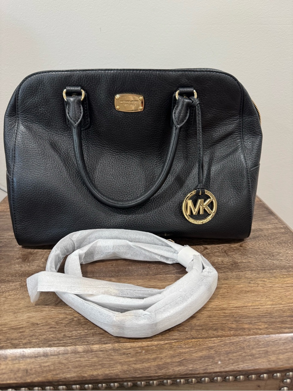Michael Kors Black Leather Dome Satchel with Gold MK Charm